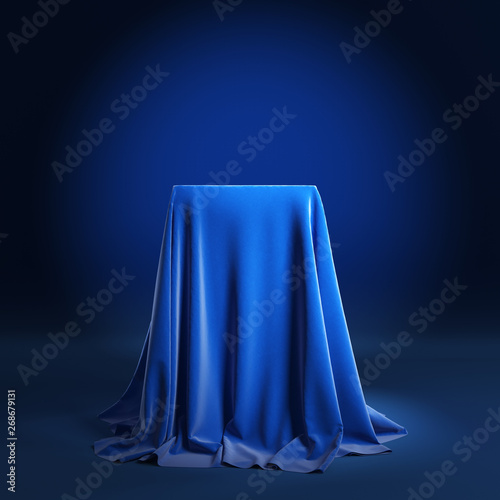 Empty podium covered with blue cloth. 3d illustration photo