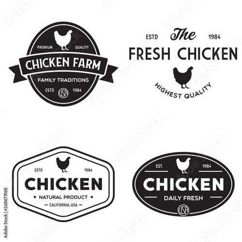Set of chicken logo, retro print, poster for Butchery meat shop, farm etc. Farm Products, Organic and chicken silhouette.