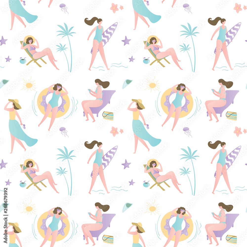 Background with funny vacation girls,summer and tropical seamless pattern,