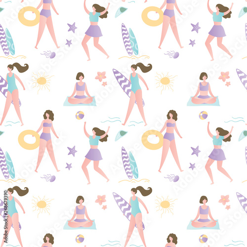 Pattern background with cute and funny vacation girls,