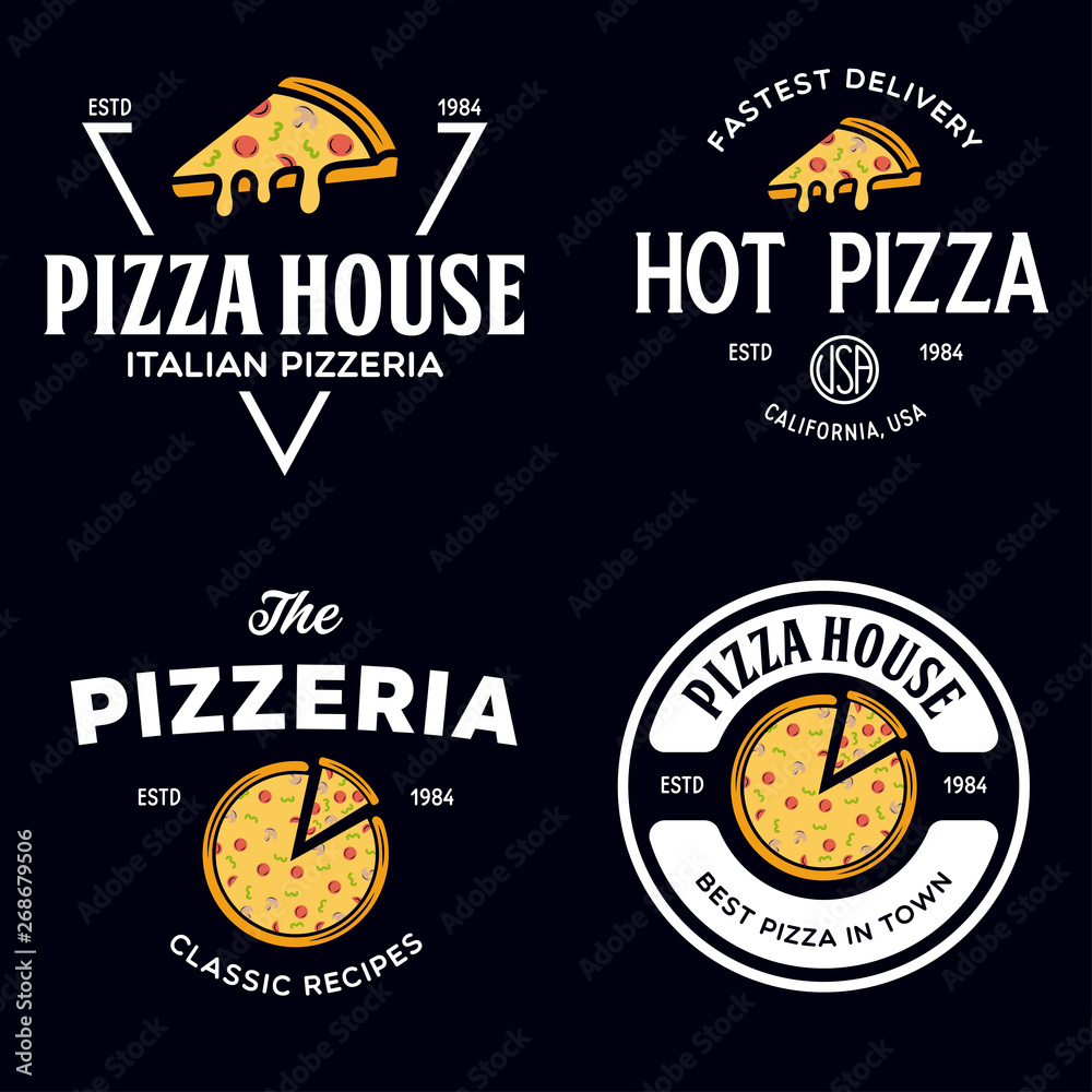 Set of pizza logo, badges, banners, emblems for fast food restaurant ...