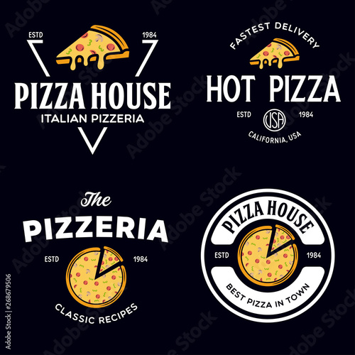 Set of pizza logo, badges, banners, emblems for fast food restaurant. Collection labels for menu design restaurant or pizzeria.