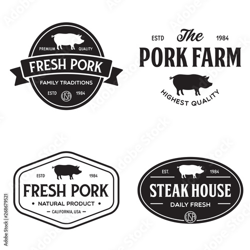 Set of premium pork labels, badges and design elements. Logo for butchery, meat shop, steak house, farm etc.