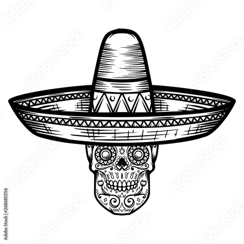 Mexican sugar skull in sombrero. Day of the dead theme. Design element for poster, t shirt, emblem, sign.