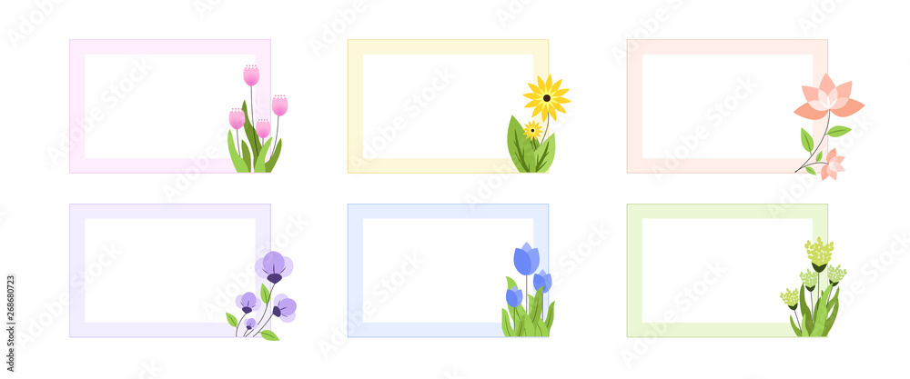 Set of decorative floral square frame vector. Hand drawn vintage frame element illustration with flowers, leaves and branches for wedding, greeting, invitation. Card, poster, flyer, brochure.