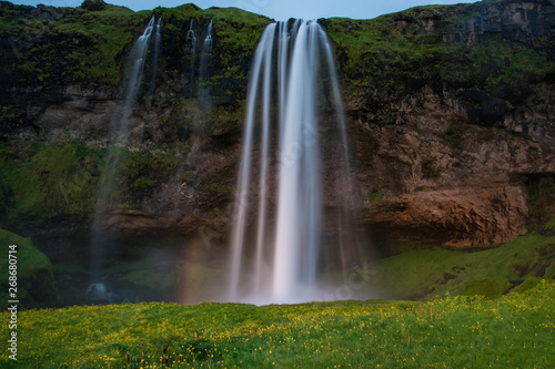 Seljalandsfoss on southern Iceland during sunset in the summer.