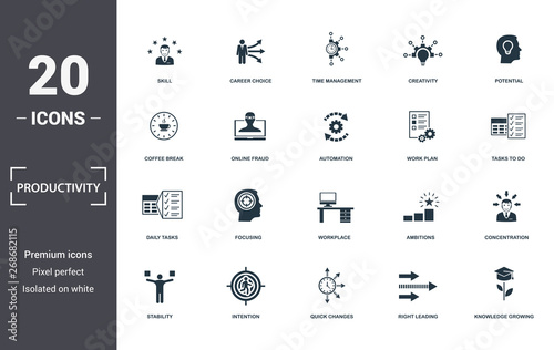 Productivity icons set collection. Includes simple elements such as Skill, Career Choice, Time Management, Creativity, Potential, Focusing and Workplace premium icons