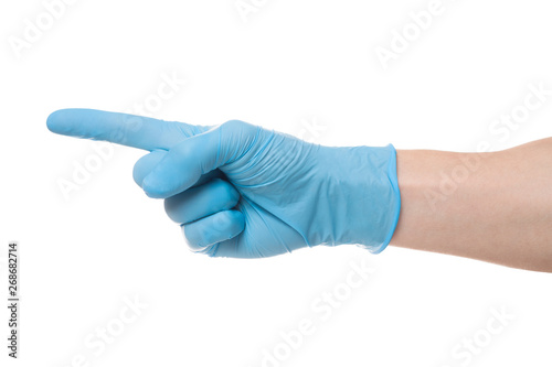 Right hand wearing latex surgical glove with gesture number one on wite background.