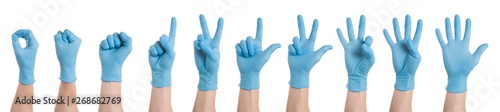 Right hand wearing latex surgical glove with gesture number from zero to five on wite background. Multiple images. Collage