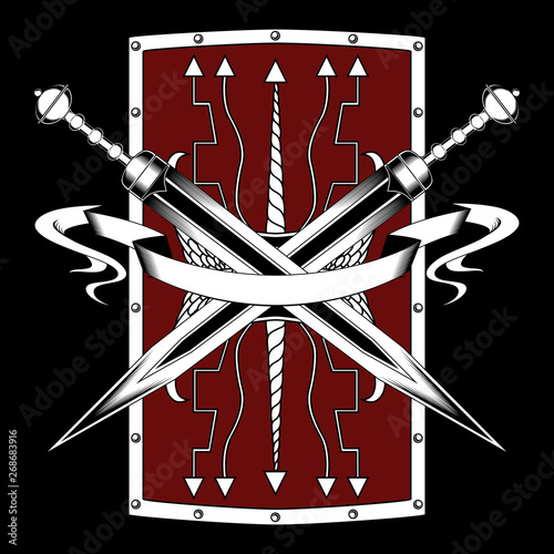 Roman shield with swords. Vector image on black background.