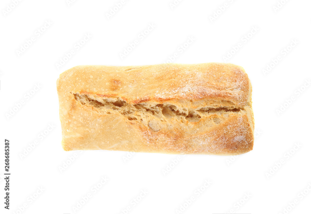 Tasty mini baguette isolated on white, top view. Fresh bread