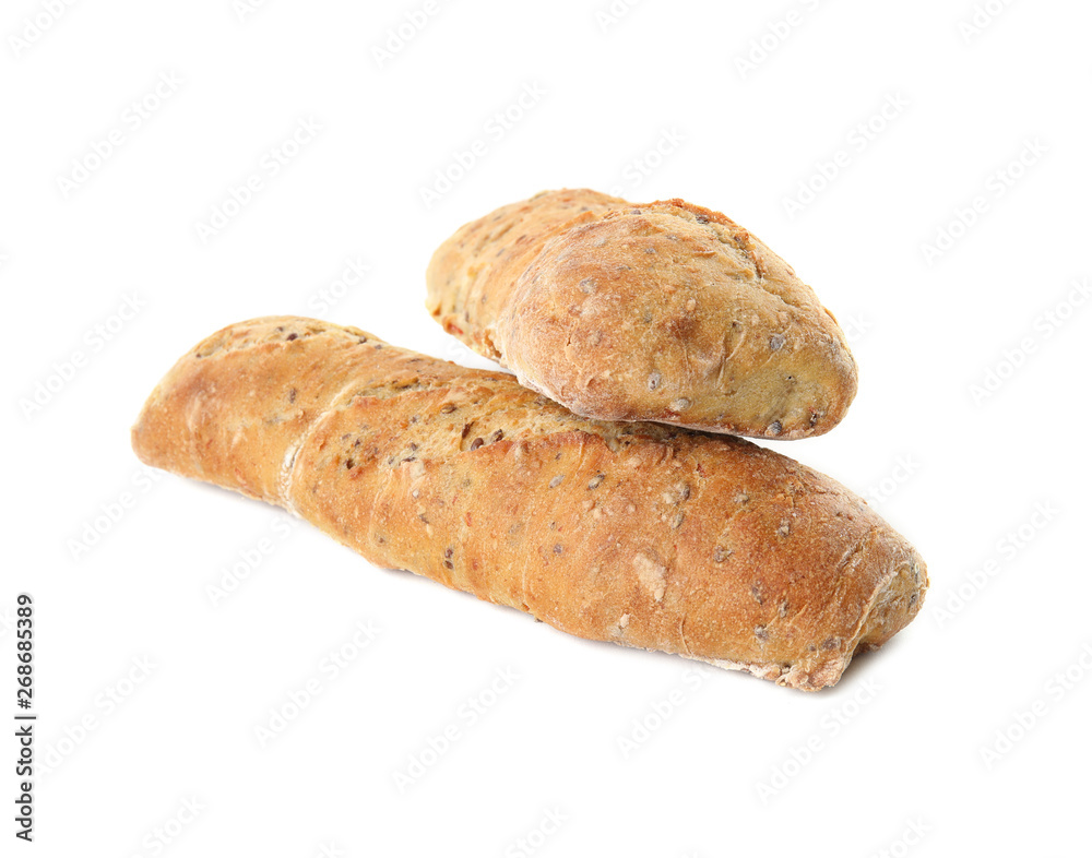 Tasty mini baguettes isolated on white. Fresh bread