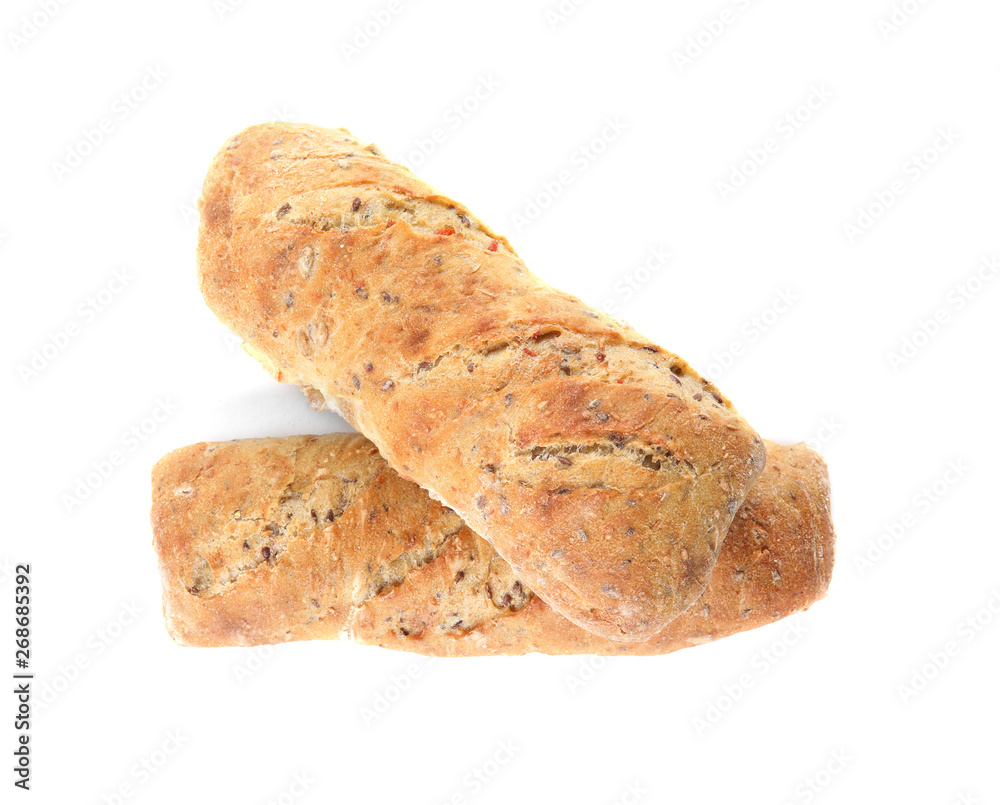 Tasty mini baguettes isolated on white, top view. Fresh bread Tasty mini baguettes isolated on white, top view. Fresh bread