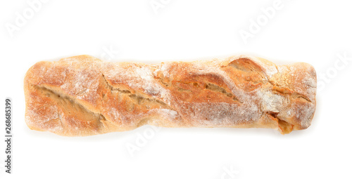 Baguette with cheese isolated on white, top view. Fresh bread