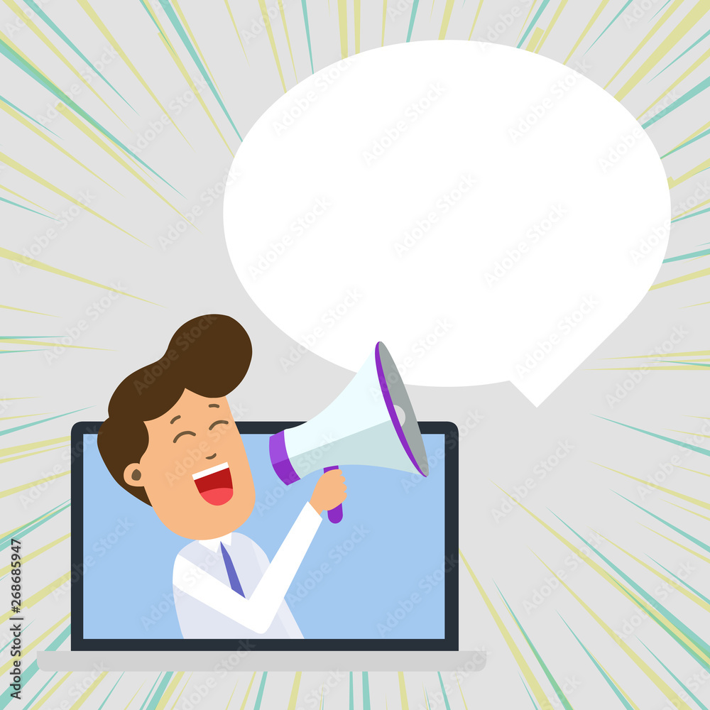 Man Speaking Through Laptop into Loudhailer Blank Speech Bubble Announce Design business concept Empty copy text for Web banners promotional material mock up template Man Speaking Through Laptop into Loudhailer Blank Speech Bubble Announce Design business concept Empty copy text for Web banners promotional material mock up template
