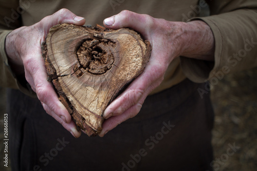 Closeup of male hands holding a heart-shaped wood cut for heating a house, background or concept