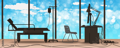Hospital and healthcare banner. Hospital room with bed and patient monitoring system