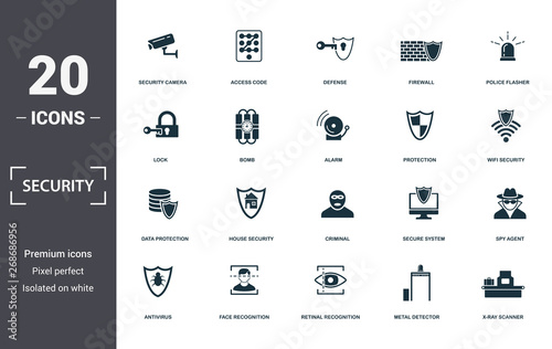 Security icons set collection. Includes simple elements such as Security Camera, Access Code, Deffense, Firewall, Police Flasher, House Security and Criminal premium icons