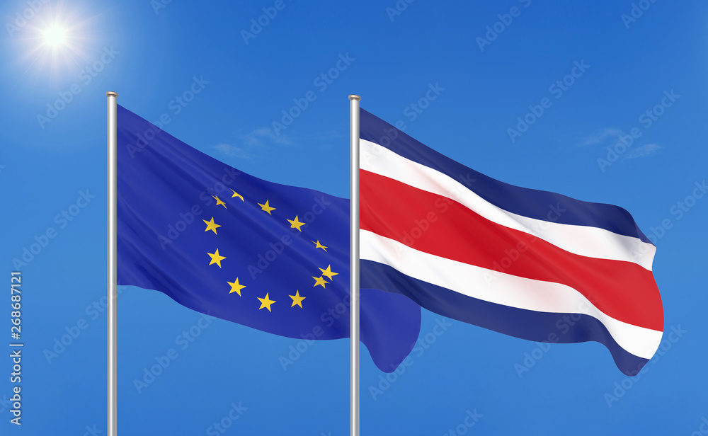 European Union vs Costa Rica. Thick colored silky flags of European Union and Costa Rica. 3D illustration on sky background. - Illustration