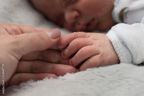 Mother holds New born baby hand in the maternity hospital