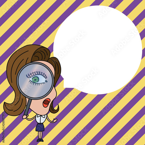 Woman Looking Trough Magnifying Glass Big Eye Blank Round Speech Bubble Design business concept Empty copy text for Web banners promotional material mock up template