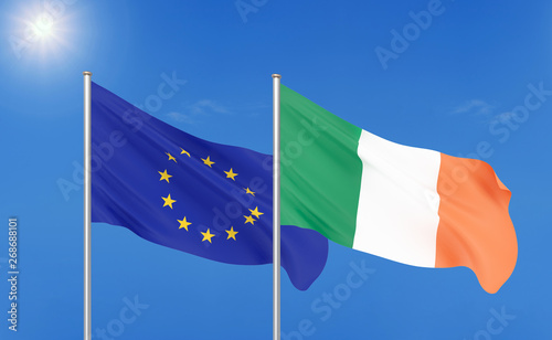 European Union vs Ireland. Thick colored silky flags of European Union and Ireland. 3D illustration on sky background. - Illustration