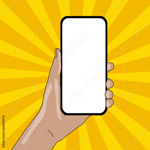 Closeup of Smartphone Device Held in Hand with Empty Screen and Text Space Design business concept Empty copy space modern abstract background