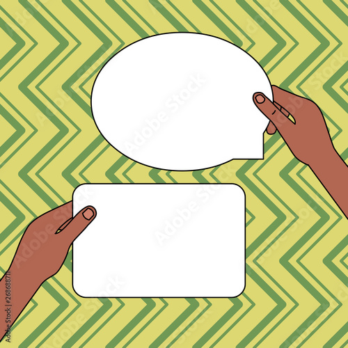 Two Blank Figured Tablets Signs Held in Hands One Above Other Text Space Copy Space design Empty template text for Ad, promotion, poster, flyer, web banner, article