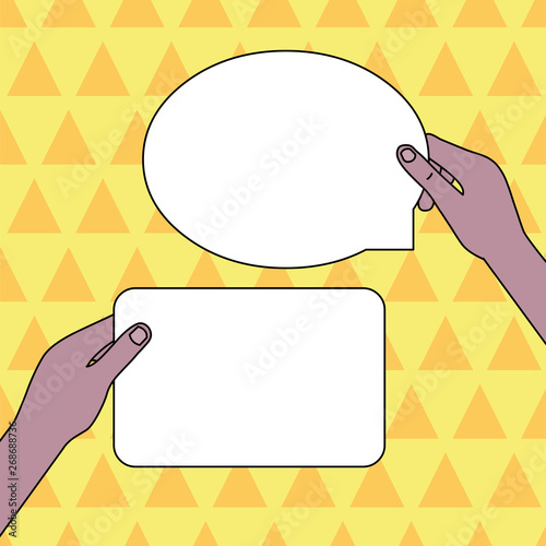 Two Blank Figured Tablets Signs Held in Hands One Above Other Text Space Design business Empty copy space text for Ad website promotion isolated Banner template.