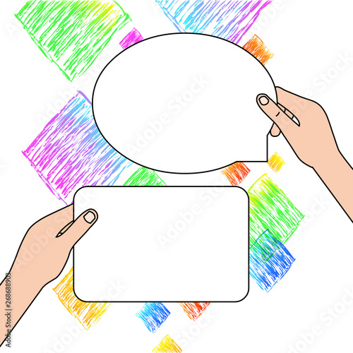 Two Blank Figured Tablets Signs Held in Hands One Above Other Text Space Design business concept Empty copy space modern abstract background
