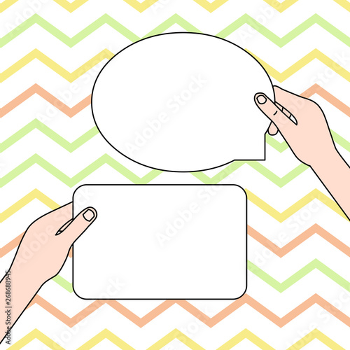 Two Blank Figured Tablets Signs Held in Hands One Above Other Text Space Design business concept Empty copy text for Web banners promotional material mock up template.
