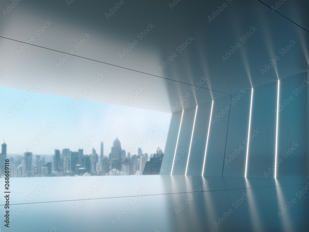 Empty room, Product showcase background, Long corridor with light glow and city background.3D rendering - obrazy, fototapety, plakaty 