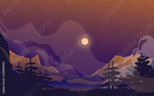 Vector illustration of natural scenery of sunset in the forest with Mountains. for bakcground  banner and website