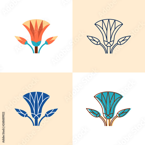 Egyptian lotus icon set in flat and line style