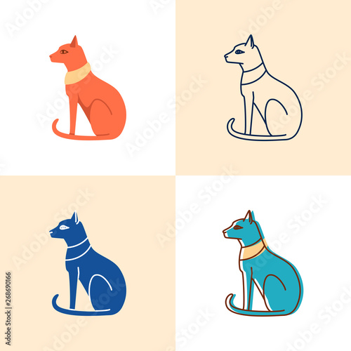 Egyptian cat icon set in flat and line style