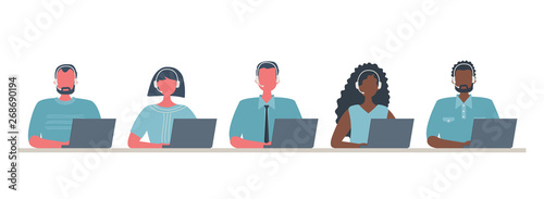 Web banner of call center workers. Young men and women in headphones sitting at the table on a white background. People icons. Funky flat style. Vector illustration.