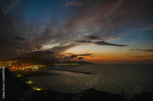 Beautiful panorama skyline view of sunset over the sea of city Oran in Algeria