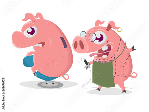 crazy cartoon pig is getting a piggy bank tattoo