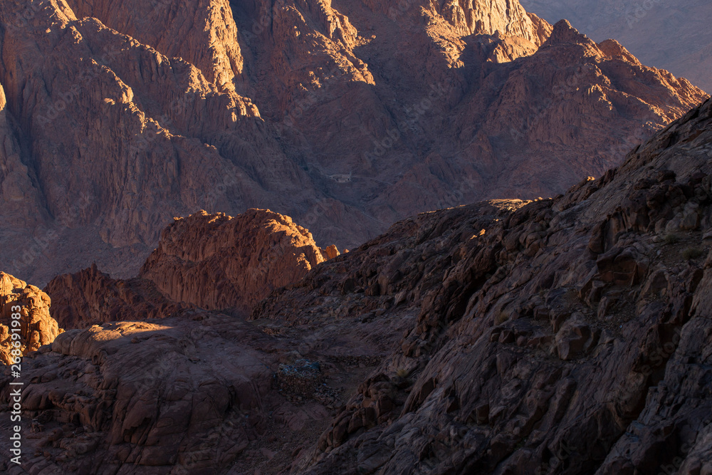 Egypt. Mount Sinai in the morning at sunrise. (Mount Horeb, Gabal Musa, Moses Mount). Pilgrimage place and famous touristic destination.