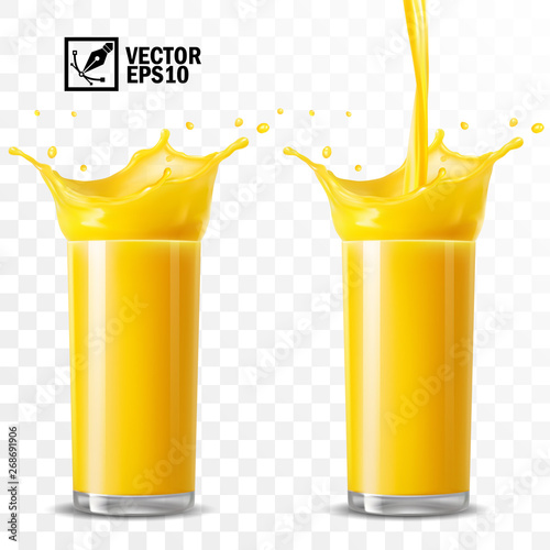 3d realistic transparent vector glasses with a splash of orange juice
