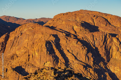 Egypt. Mount Sinai in the morning at sunrise. (Mount Horeb, Gabal Musa, Moses Mount). Pilgrimage place and famous touristic destination. photo