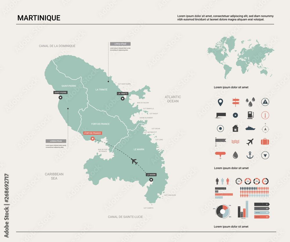 Vector map of Martinique. Country map with division, cities and capital Fort-de-France. Political map,  world map, infographic elements.
