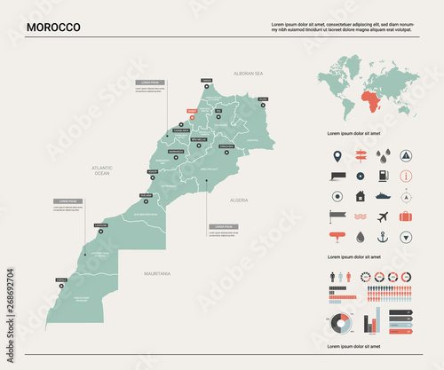 Vector map of Morocco. Country map with division, cities and capital Rabat. Political map, world map, infographic elements.