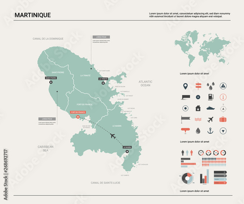 Vector map of Martinique. Country map with division, cities and capital Fort-de-France. Political map, world map, infographic elements.