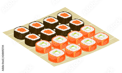 Exquisite dishes of national cuisine. On a beautifully served mat are seafood, sushi, rolls, caviar, rice and greens. Festive treat. Vector illustration