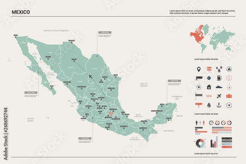 Vector map of Mexico. Country map with division, cities and capital. Political map, world map, infographic elements.