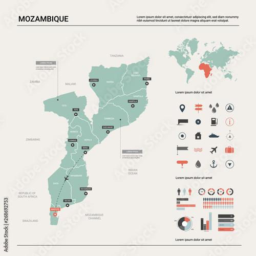 Vector map of Mozambique. Country map with division  cities and capital Maputo. Political map   world map  infographic elements.