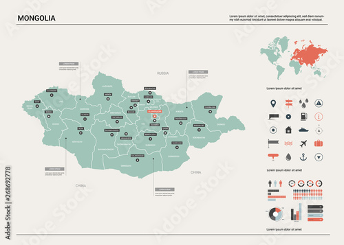 Vector map of Mongolia. Country map with division, cities and capital Ulaanbaatar. Political map, world map, infographic elements.