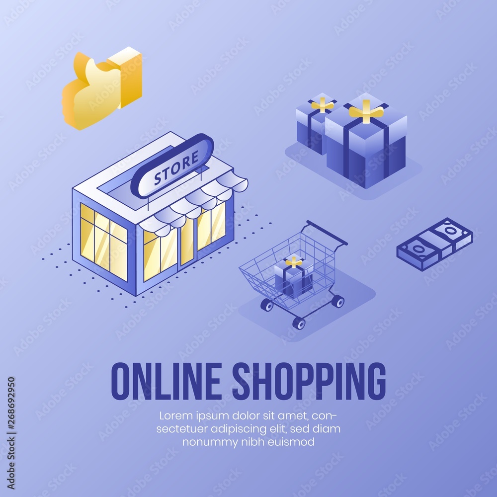 Digital isometric design concept set of online shopping app 3d icons.Isometric business finance symbols-store,package boxes,shopping cart,money,thumb up icons on landing page banner web online concept