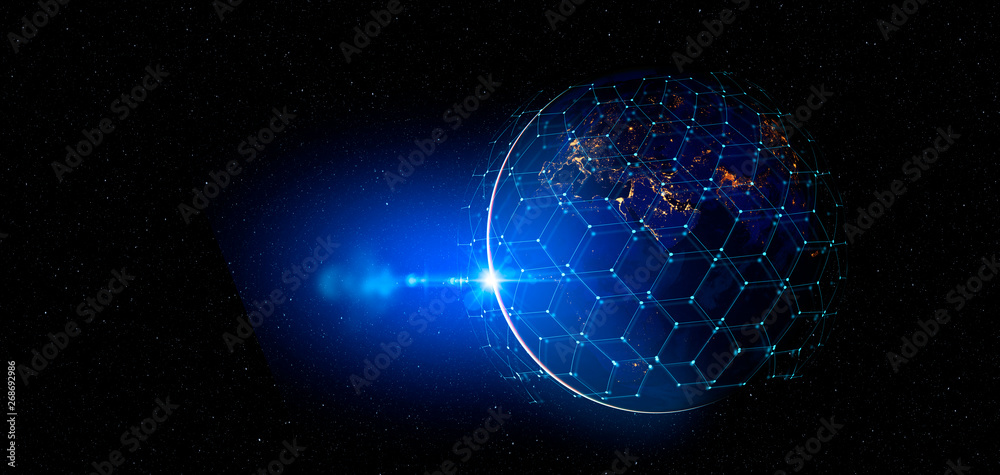 Obraz premium Technologia komunikacyjna dla biznesu internetowego. Globalna światowa sieć i telekomunikacja na ziemi kryptowaluta, blockchain i IoT. Elementy tego zdjęcia dostarczone przez NASA